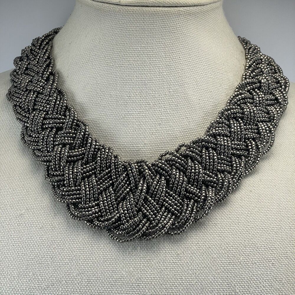 Silver Seed Bead Braided Collar Statement Necklace Silver Tone Boho Fashion